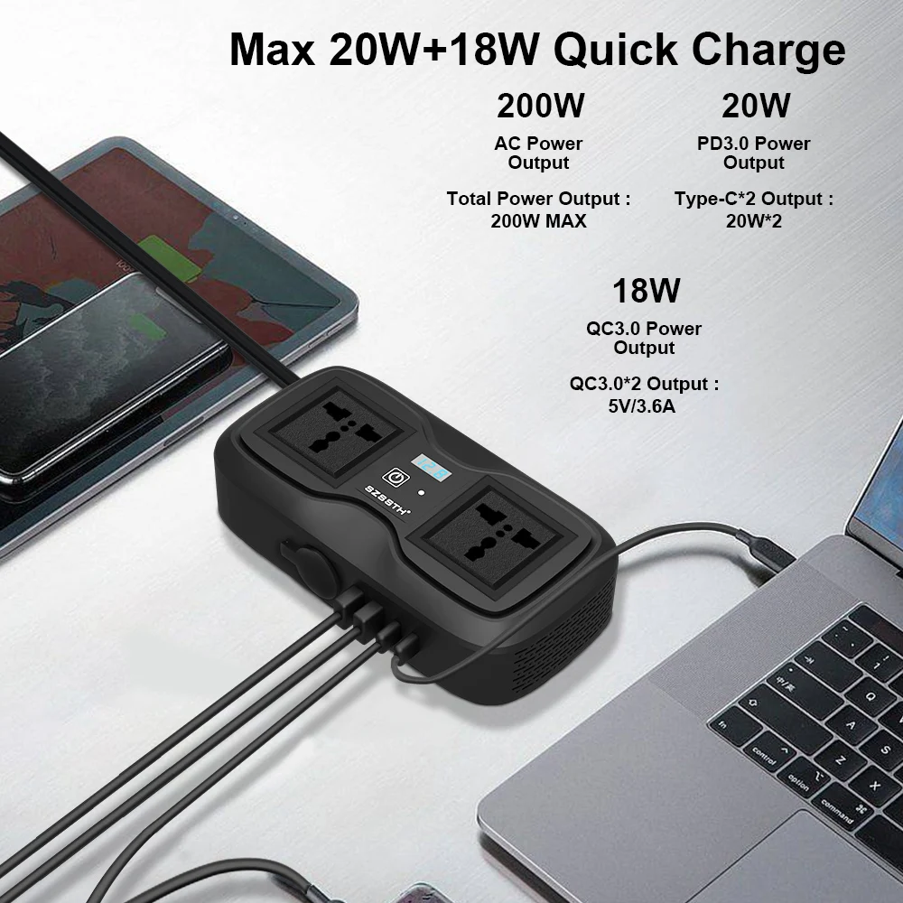 12V To 220V 200W Peak LED Display Sockets Power Inverter Car Power Inverter Adapter Converter With 3.6A Dual USB Type-C EU