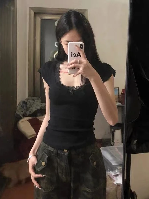 2025 Y2k Aesthetic Lace Patchwork Crop Top Streetwear Harajuku Women Vintage U Neck T-shirt Streetwear Bow Bottoming Grunge Tees image 4