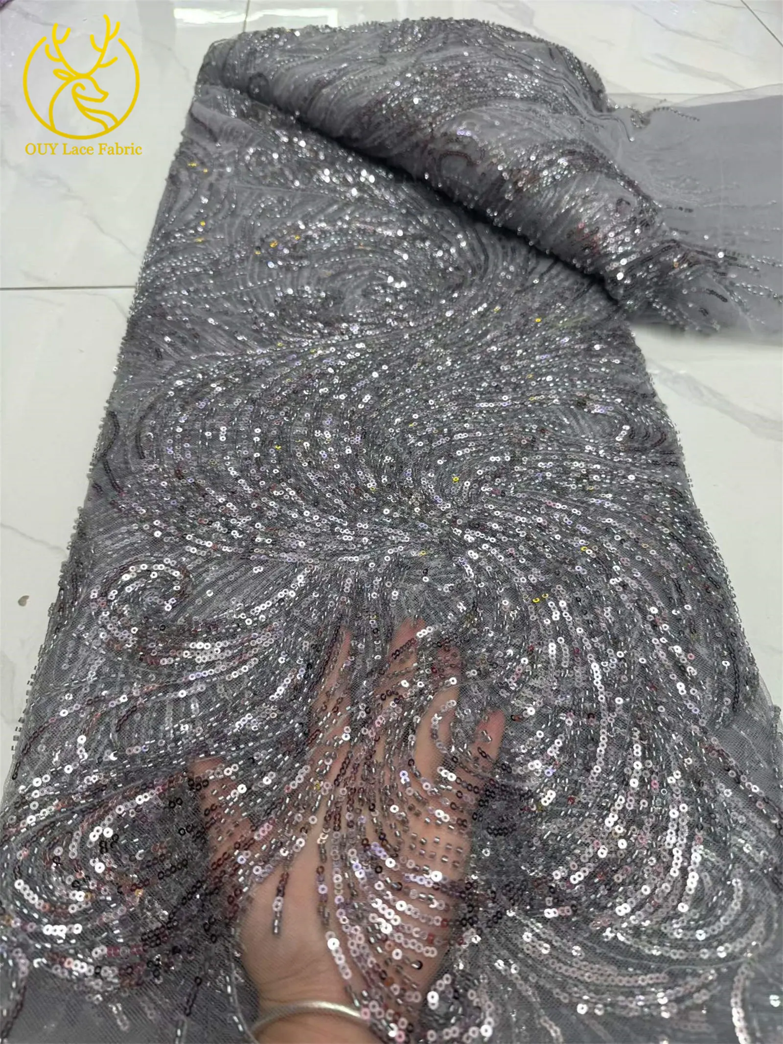 2026 Afrikanischer Perlen-Tüll-Spitzenstoff, 5 Yards, grün, hochwertige französische nigerianische Pailletten-Spitze für Party- und Abendkleider zum Nähen – Detail 23