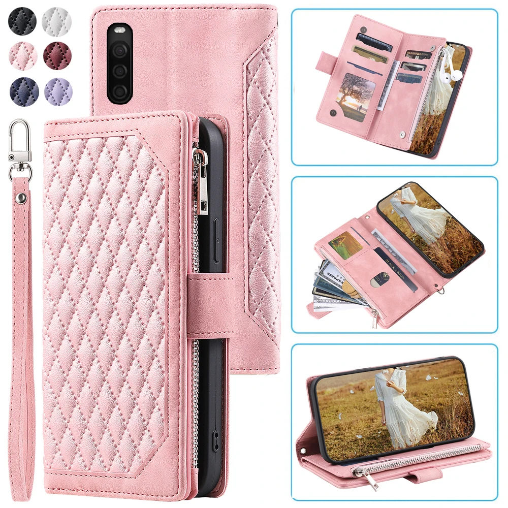 

Fashion Zipper Wallet Case For Sony Xperia L4 Flip Cover Multi Card Slots Cover Phone Case Card Slot Folio with Wrist Strap