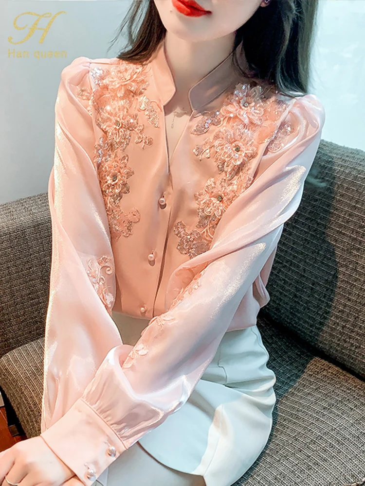 H Han Queen Spring Basic Office Lady Blusa Embroidery Sweet Vintage  Tops Elegant Chiffon Women Blouses Loose Casual Shirts