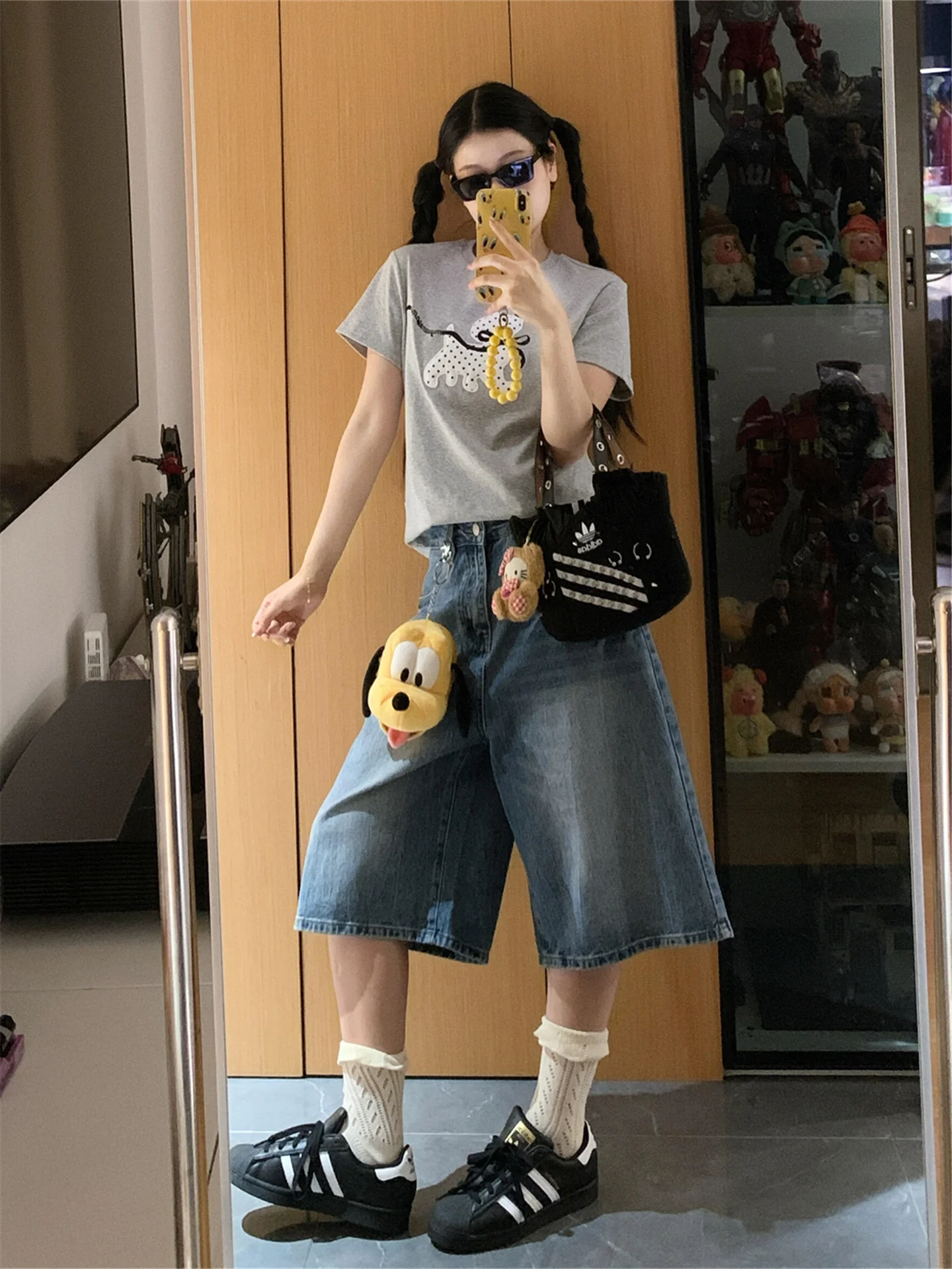 

American Style High Waist Loose Fit Seven Inch Jeans Women Summer Washed Cotton Straight Leg Pants Casual Loose Jeans
