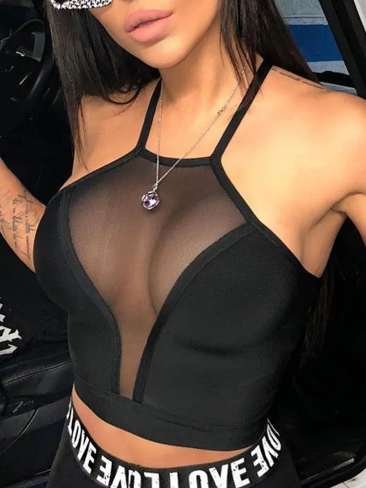 

Women's clothing tops T-shirts tank tops Wrap See-Through Split-Joint Vest Black cropped top Yoga sleeveless women's sexy top