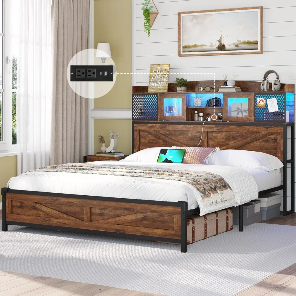 Bed Frame with Headboard Storage & Charging Station, LED Bed Frame Full/Queen/King Size with Shelves & Sliding Doors