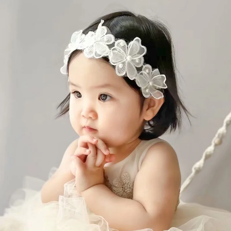 New Baby Lace Headbands Fairy Lace Flower Ribbon Pearl Baby Girl Head Band Skin-friendly Princess High Elastic Kids Headwear