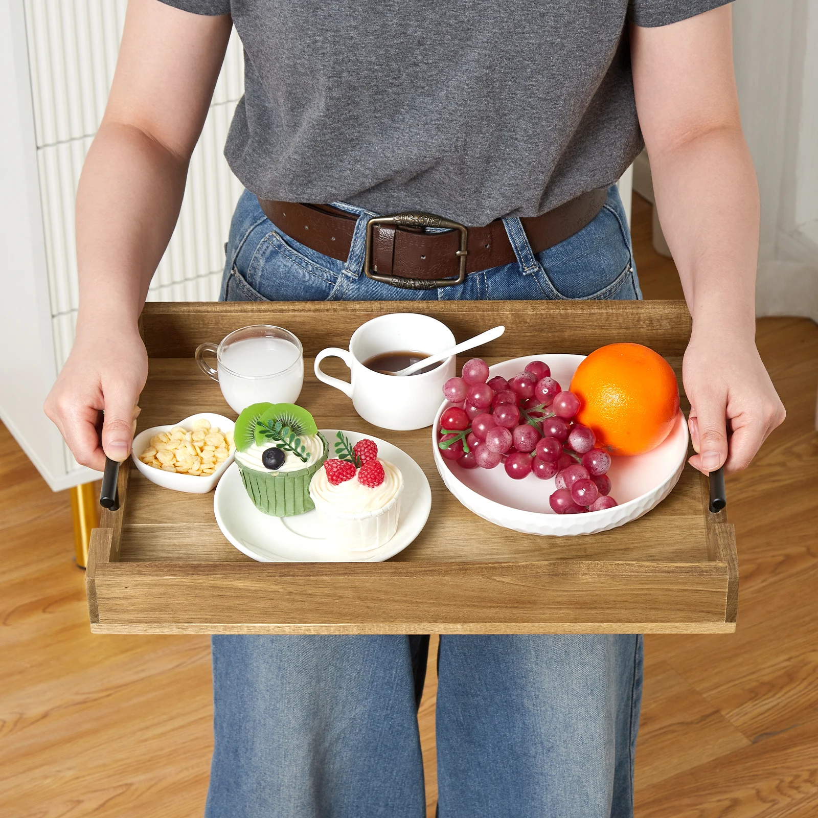 Acacia Serving Tray with Metal Handles 17 in Wood Serving Tray for Coffee Table Liquor Bar, Coffee Serving Tray Toiletry Platter