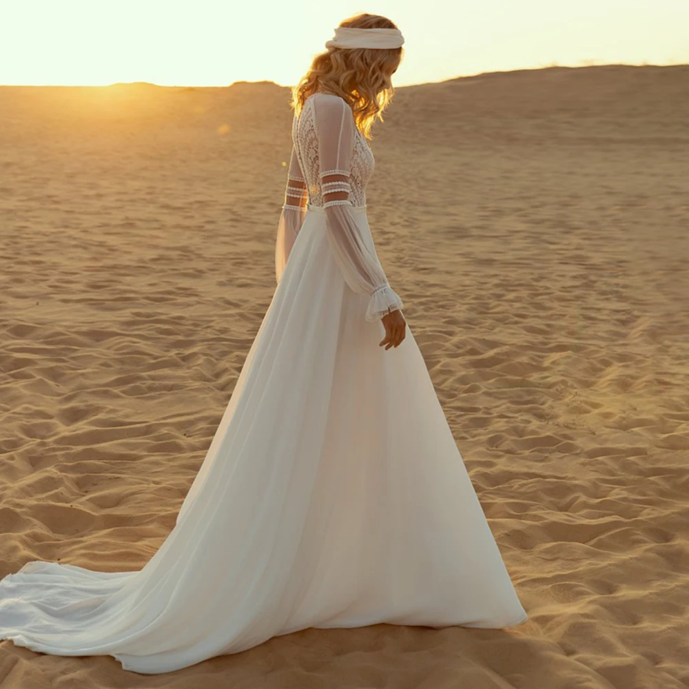 Vestido De novia De manga larga con espalda baja, traje De novia con apliques De encaje De tul bohemio