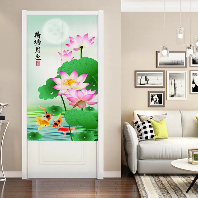 

Chinese Lotus Landscape Door Curtain Living Room Bedroom Kitchen Partition Curtain Toilet Feng Shui Curtain Noren