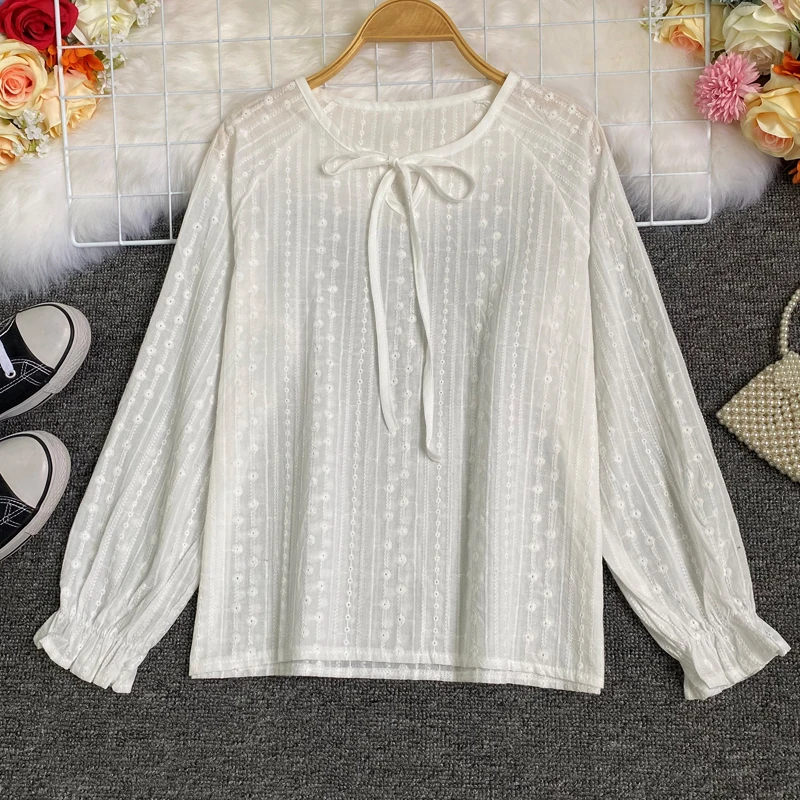 

Белая кружевная женская корейская версия с поясом, длинная основа Sve irt Design Sense Autumn Commute Sle Pure Color