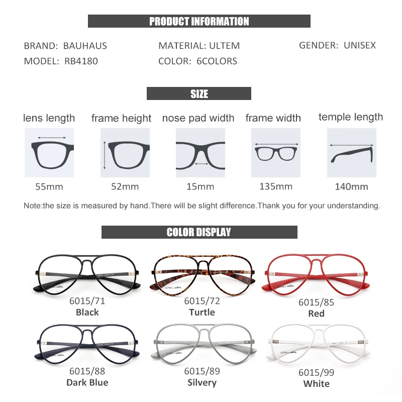 RB4180 6015 Aviation Frame Sunglasses Male Classic Eyeglasses Transparent Clear Lens Optical frame