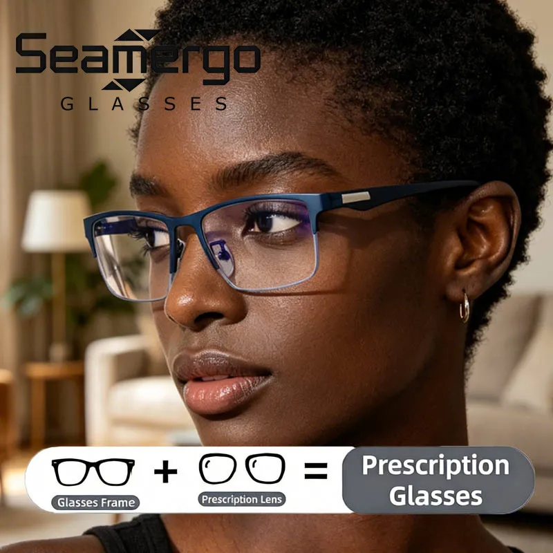 

SEAMERGO Men's Half Frame Prescription Glasses 3 Colors Business Customized Reading Glasses Women Vintage Optical Lenses Recipe