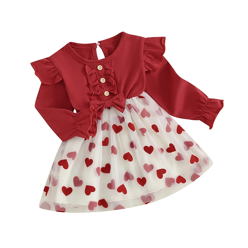 Infant Toddler Long Sleeve Tutu Dress Round Neck Heart Mesh Print 3D Bow Frill Princess Dress for Baby Girl