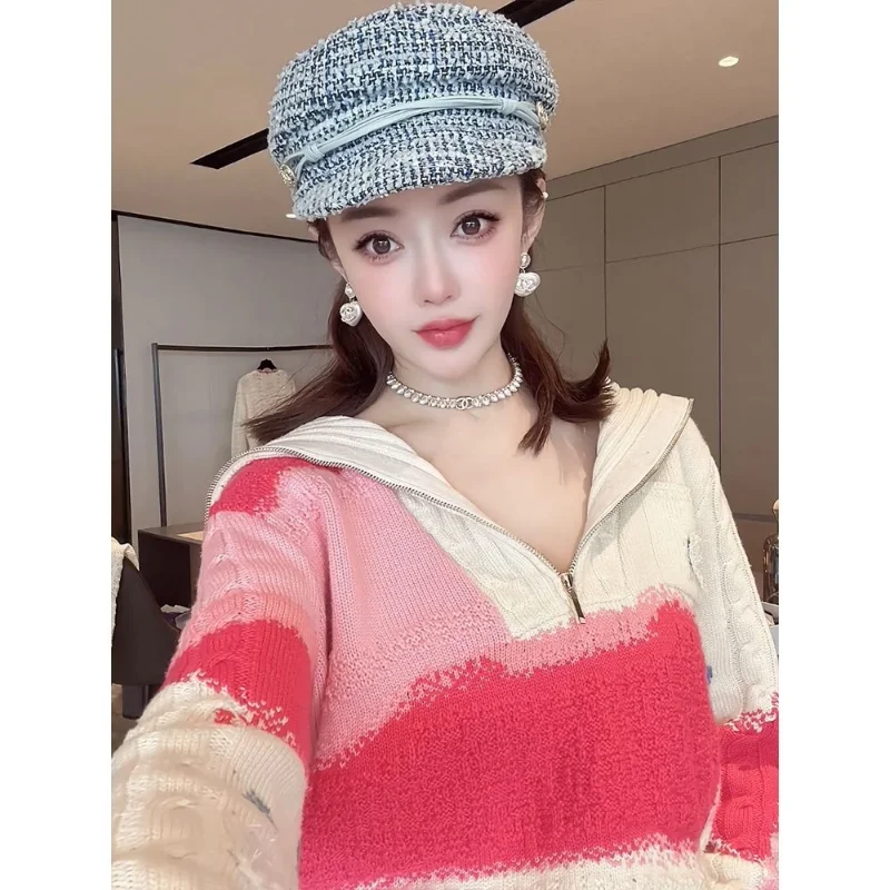 Pullover sweater 2023 crowd design sense of fried street white contrast lapel semi-zip sweater women autumn and winter pullover