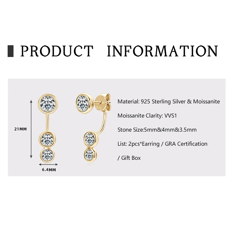 Lnngy Front Back Double Sided 2 in 1 Stud Earring D1.00CT Moissanite Earring For Women 925 Sterling Silver Pierced Ear Jewelry