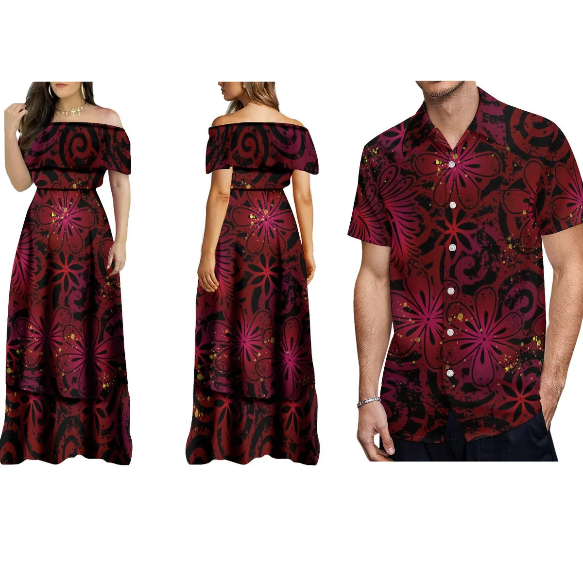 2024 Fashion Summer Fashion Women'S Off-The-Shoulder Dress Dinner Evening Gown Matching Men'S Shirt Polynesian With Couple Suit