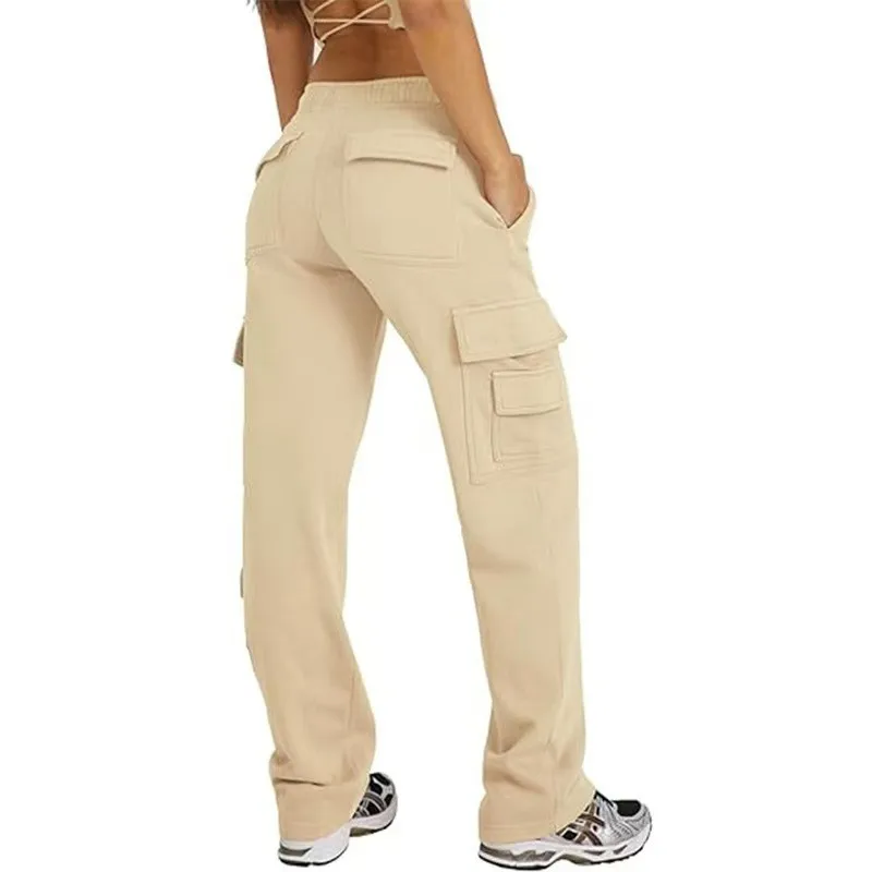 

Women's Baggy Straight Mid Waist Trousers with Utility Pockets | Full Length Loose Fit Cargo Pants | High Waist Wide Leg Pants
