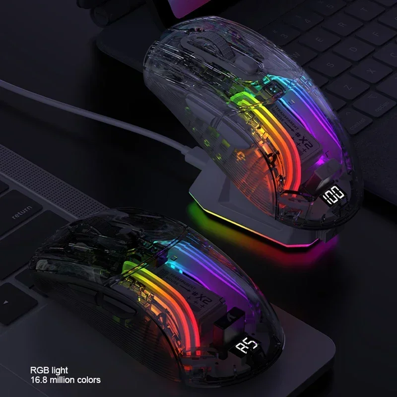 PARA Attack Shark X2 Pro Mouse Bluetooth de carregamento magnético, tri-modo, luzes RGB, transparente, indicador de bateria, telefone de computador