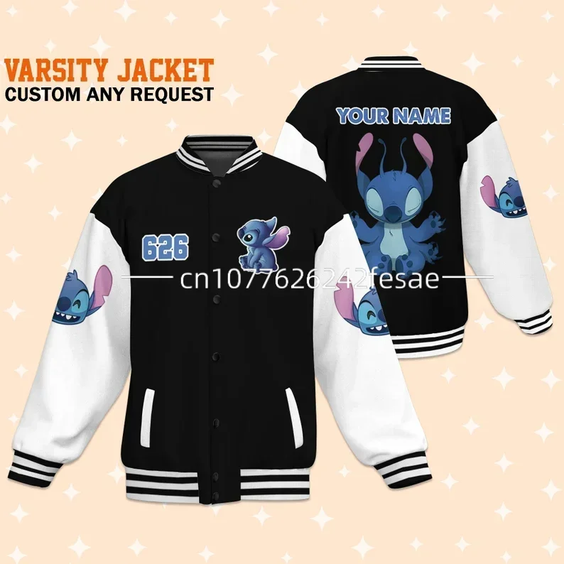 New Custom Stitch and Angel Baseball Jacket Disney 3D Printed Casual College Style Y2K Men's and Women's Baseball Jacket