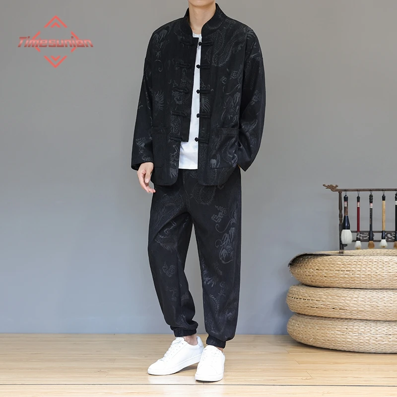 

Chinese style 2 Piece Set Autumn and Winter Corduroy Jacket and Corduroy Pants Man Tang Suit Big and Tall Man Clothes