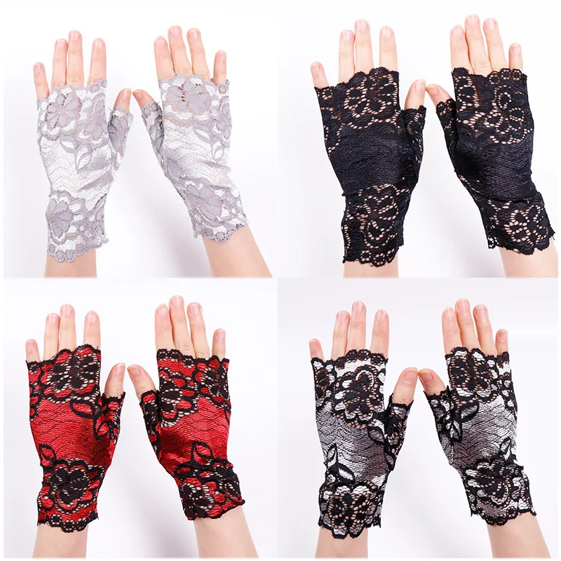 New Lace Gloves with Shiny Threads, Elegant Floral Pattern, Etiquette Dance, Scar Covering, Sun Protection, Cycling, Driving