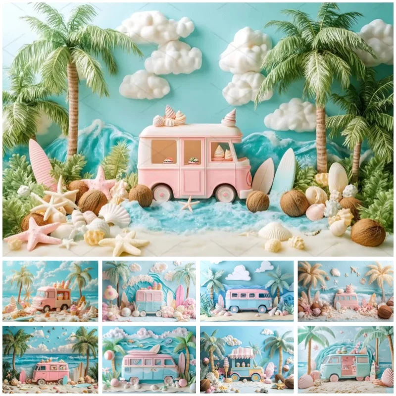 Sommer Hawaii Tropischer Strand Rosa Eiswagen Surfbrett Fotografie-Hintergrund Thema Geburtstag Hochzeit Party Dekoration