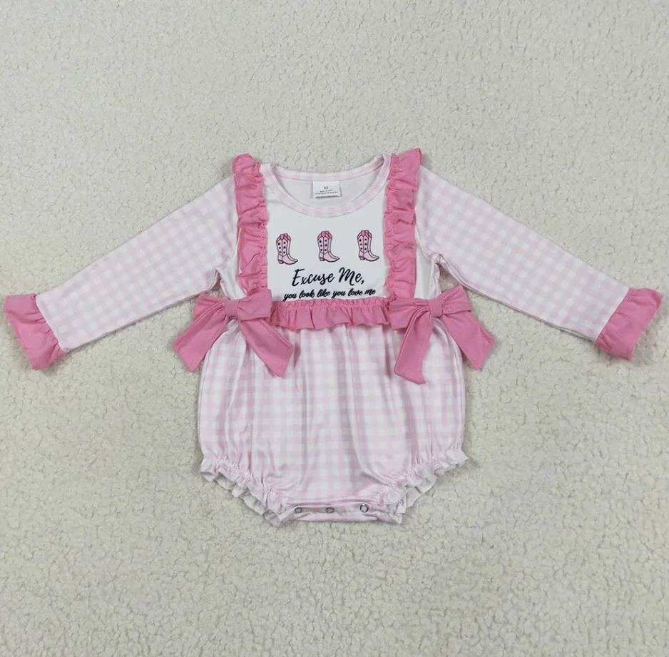 

Girls Rompers Pink Plaid Boots Bows Rompers Fashion Toddler Girls Long Sleeve Bubbles