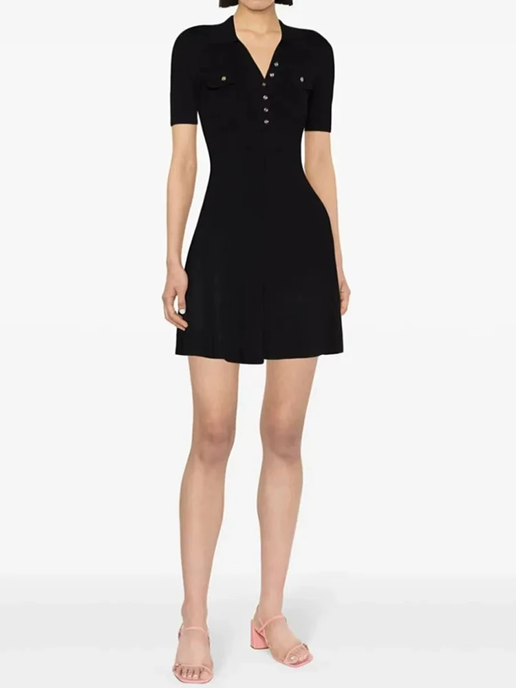 

Spring Summer New Fashion Pocket Decoration Knit Mini Dress Women Elegant Black Short Sleeve Slim Polo collar Robe Ladies 2024