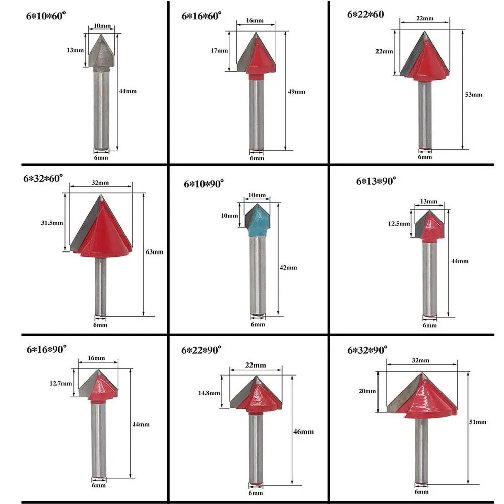 1pc 6mm V Bit CNC Solid Carbide End Mill Tungsten Steel Woodworking Milling Cutter 3D Wood Router Bit 60 90 120 150 Degrees