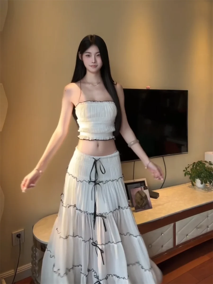 

Beach Vacation Hot Girl Two-Piece Set Women's Summer Beautiful White Strapless Top High Waist Skirt Korean Style Slim Fit