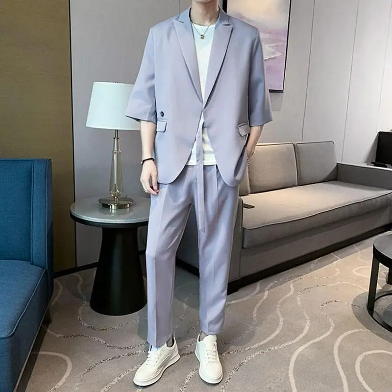 

1-A75 Summer Thin Seven-point Sleeve Suit suit Men's Lie-up Casual Half-sleeve Two-piece Set Fried Street Small Suit Outer