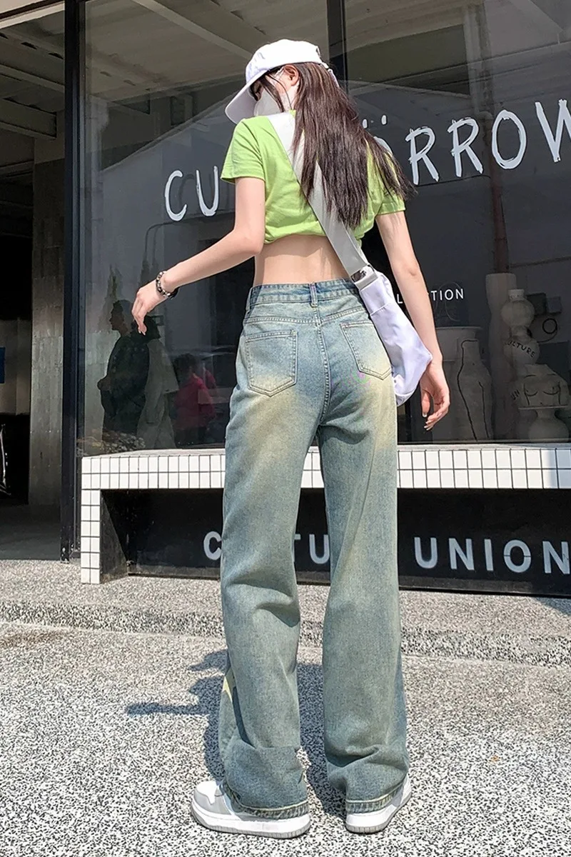 American Yellow Mud Star Pierna ancha Pantalones vaqueros de cintura alta Mujer Primavera Otoño Nuevos pantalones sueltos drapeados hasta el suelo Algodón elástico D...