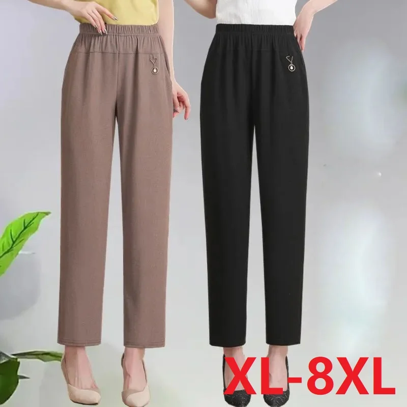 8XL Summer Thin Ice Silk Elastic Pants Solid Color High Waist Loose Casual Pants Middle aged Female Elastic Straight Leg Pants