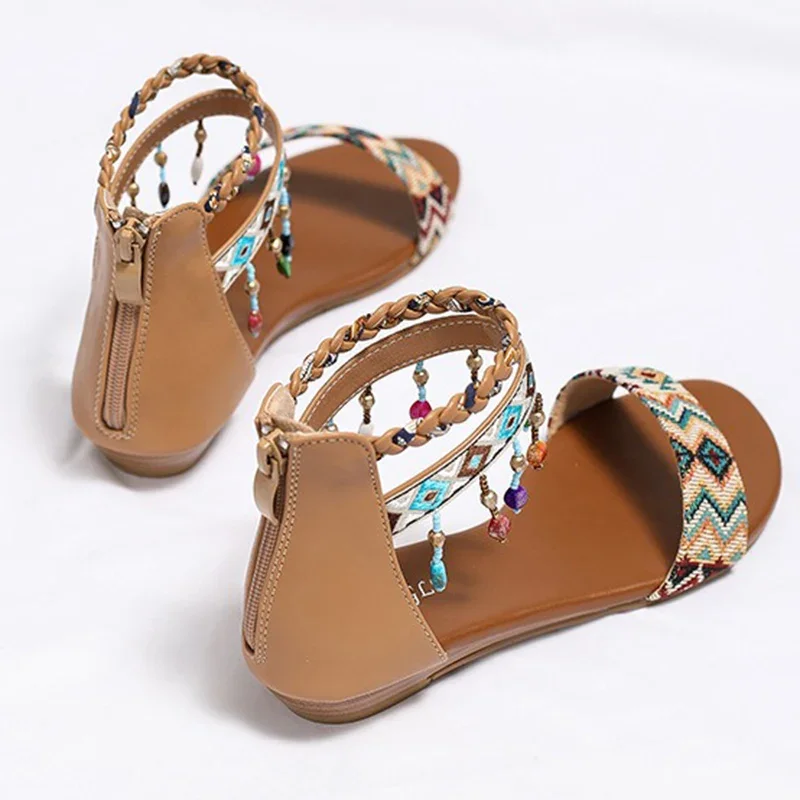 New Summer Women 1.5cm Platform 2.5cm Low Heels Sandals Lady Tassels Wedges String Bead Shoes Female Sexy Beach Bohemian Sandals