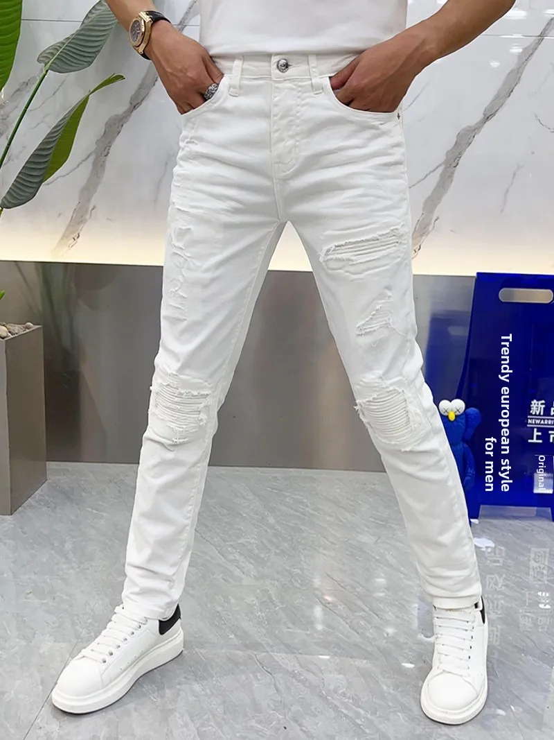 

White Slim Fit Jeans Men's Summer New Faion Personali Hole Repair Versatile Small Foot Pants Casual Wear Youth Sle