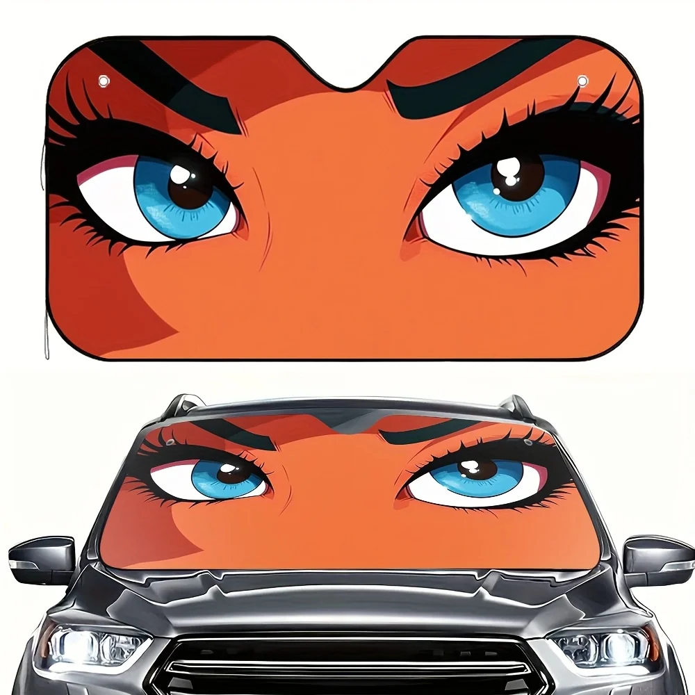 1pc Big Eyes Print Fit Car Front Window Sun Visor – Stylish & Cool, Interior Sunlight Blocker For Summer, Includes 4 Free Sucti