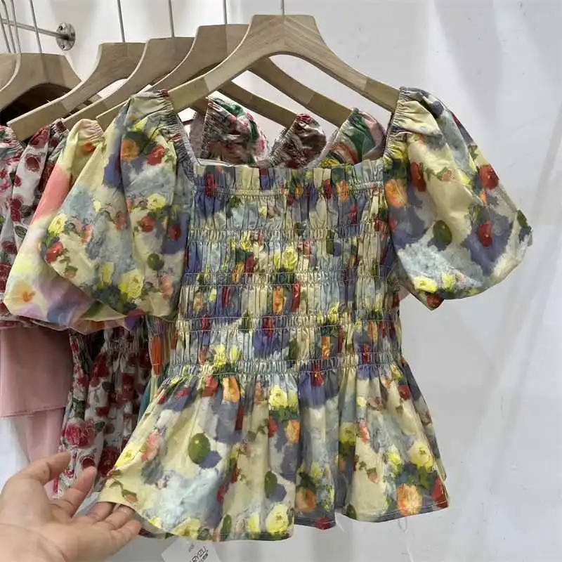 Ele Floral Print Bubble Sve ort Sve irt Women's Faion Design Slimming Waist Square Collar Chinese Sle Top