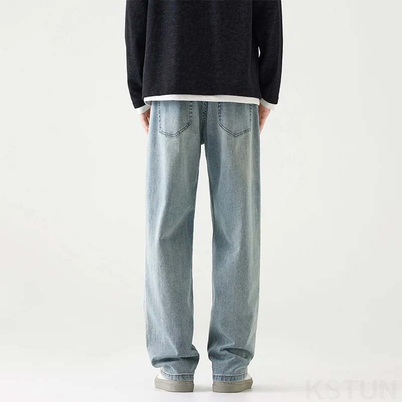 KSTUN Light Blue Jeans Stretch Men's Loose Straight Jeans Male Denim Pants Spring and Autumn Full Length Trousers High Quality
