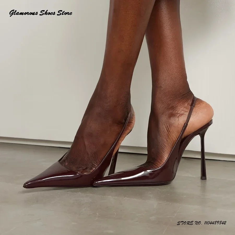 أنيقة براءات الاختراع والجلود Slingback مضخات المرأة أشار تو الكعوب رقيقة أحذية الحفلات 2025 الصيف موضة الضحلة سحب على الخناجر