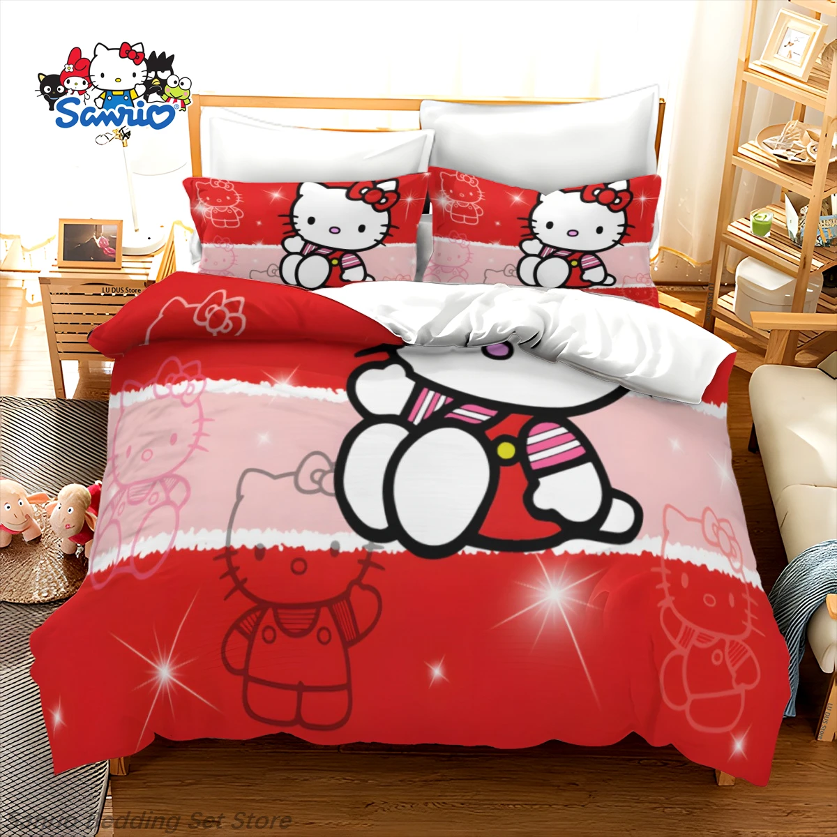 

Kawaii Sanrio Hello Kitty Bedding Set Red Pink Cute Anime Duvet Cover for Kids Teens Girls Bedroom Decoration Queen