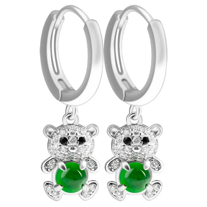 

Burmese Jade Bear Earrings Carved 925 Silver Green Chinese Jewelry Amulet Gemstones Women Designer Natural Accessories Real