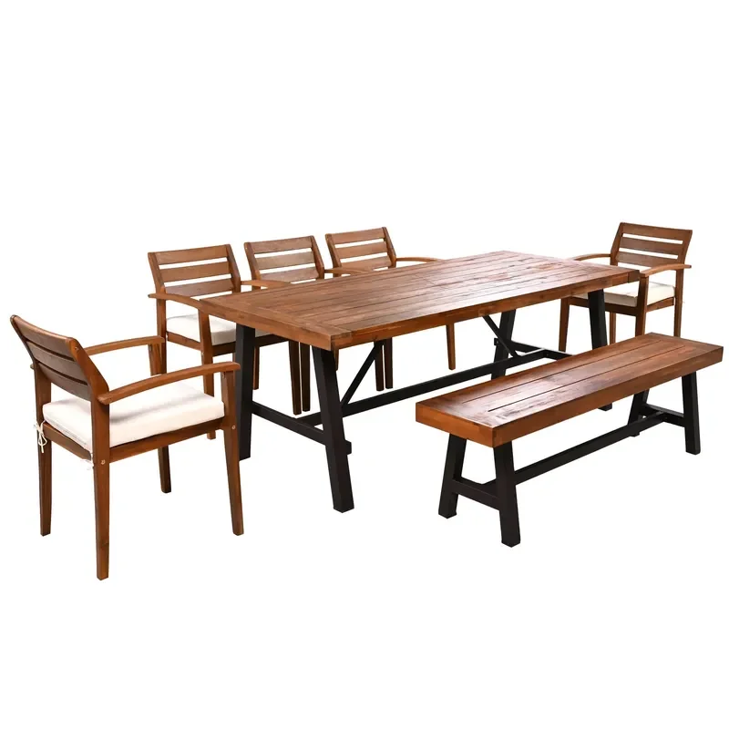 Modern Acacia Wood Outdoor Dining Set for 8 People Durable Patio Table and Chairs with Removable Cushions Ergonomic Thickened