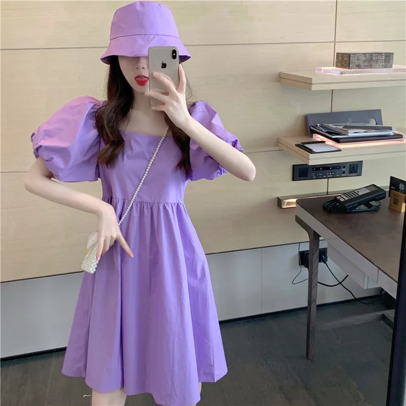 Summer Women Cotton Linen Dress Vintage Elegant High Waist Square Collar Dress Casual Puff Sleeve Mini Dress 11 Color Vestidos