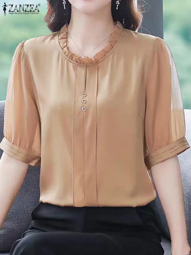 ZANZEA Fashion Ruffle Round Neck Tunic 2024 Summer Puff Short Sleeve Tops Shirt Vintage Party Blusas Elegant Women Office Blouse