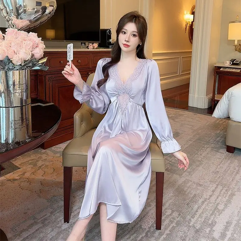 

Sexy Pajamas Women Spring New Ice Silk Long-sleeved French Medium Long Dress Lace Loungewear Pure Desire Style Nightdress Autumn