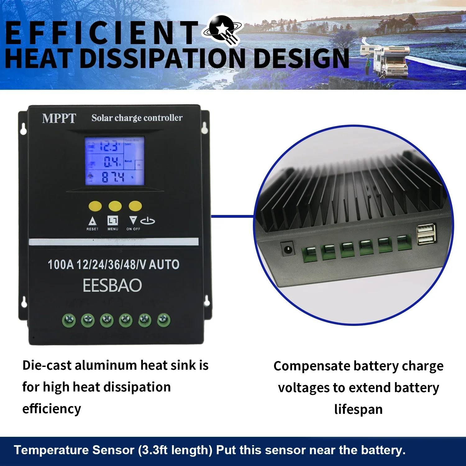 Dual USB 100A 80A 60A Solar Charging Controller 12V 24V 36V 48V Solar Panel Lead-acid/lithium Battery Stabilizer EESBAO