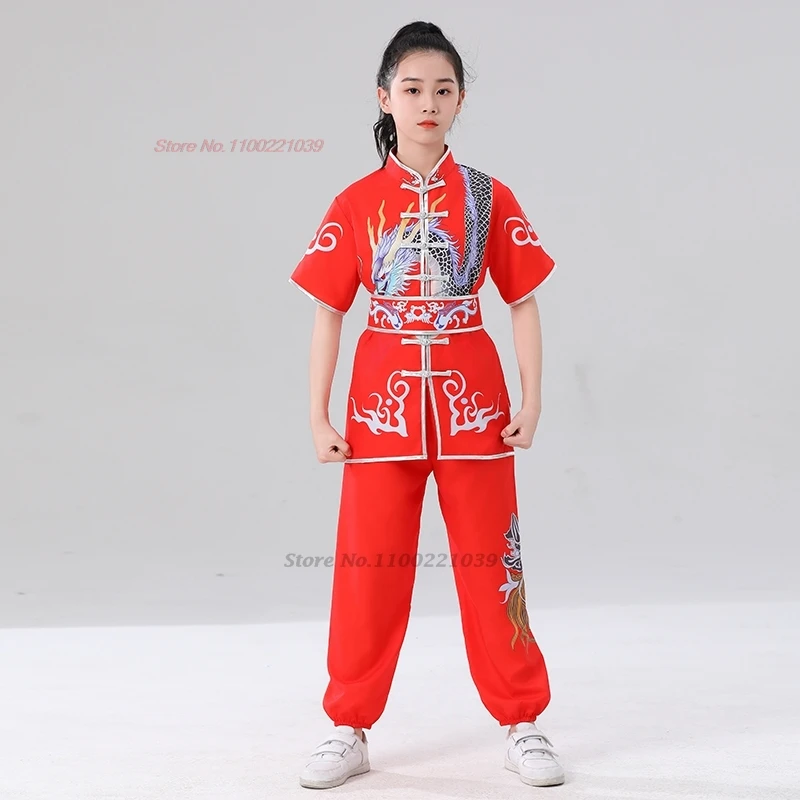 

2024 chinese children vintage wushu shaolin kungfu set dragon print uniform wushu kung fu martial arts sports training exercise