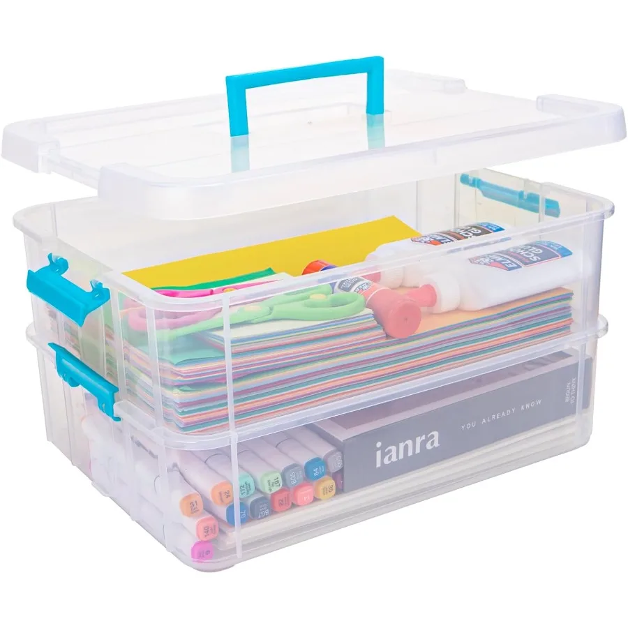 

2 Layer Plastic Storage Containers with Lids Multipurpose Clear Stack Carry Box Portable Craft Organizers and Storage Bin for O