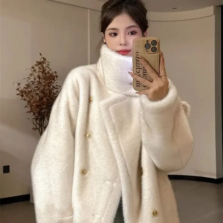 Chaqueta de piel sintética gruesa y cálida para mujer, abrigo elegante de manga larga con cuello levantado y doble botonadura, otoño e invierno, novedad de 2024