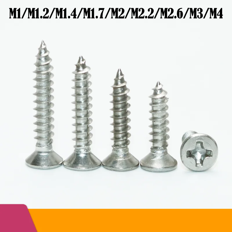 200P/set 304 Stainless Steel Cross Recessed Countersunk Flat Head Tapping Screw M1 M1.7 M2 M2.5 M3 M3.5 M4 Furniture Wood Bolt