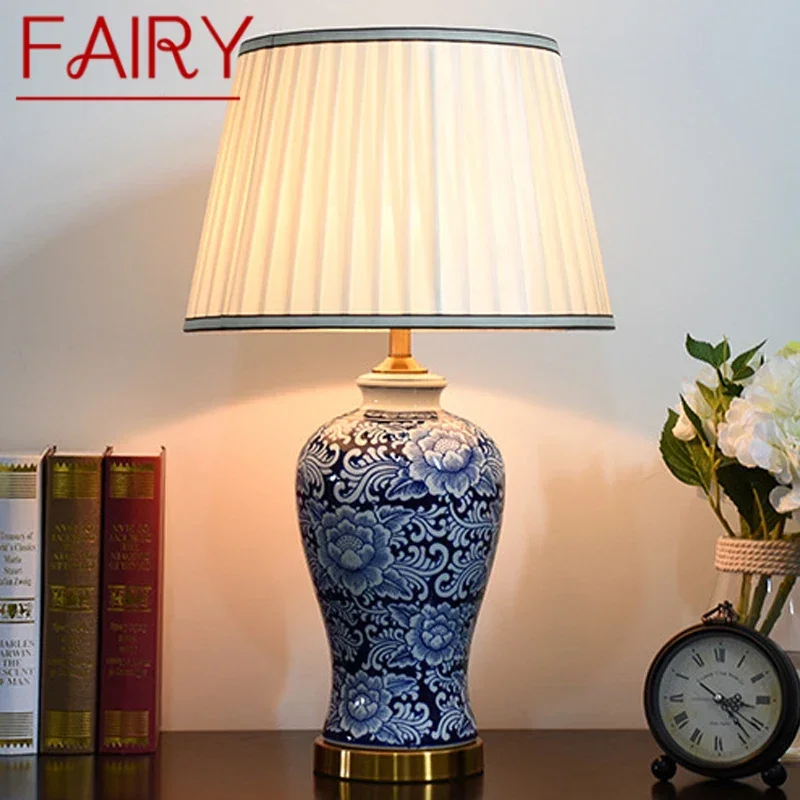 FAIRY American CeramicTable Lamp Blue Classical Creativity Living Room Bedroom Study Hotel engineering Desk Light